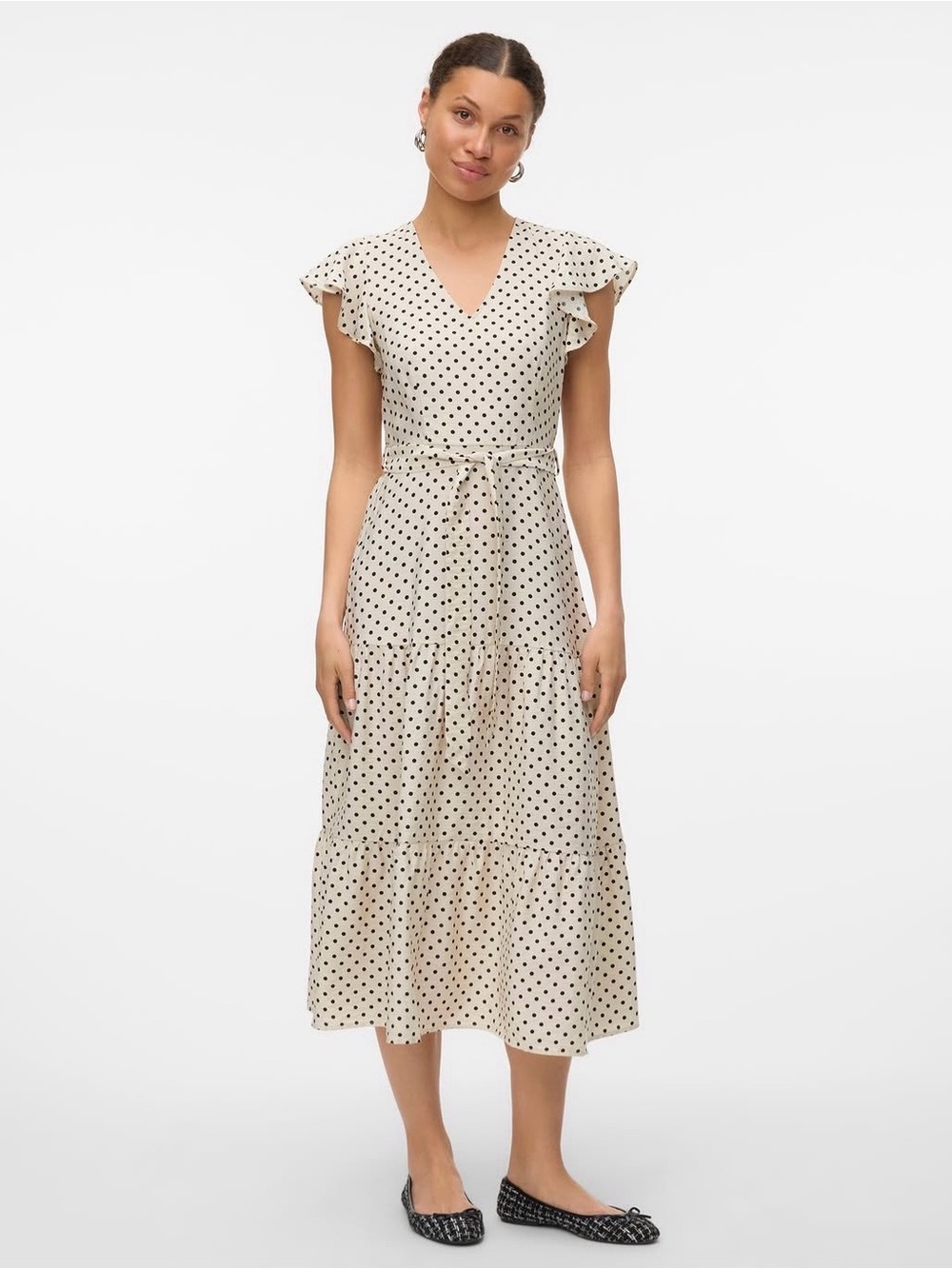 Vero Moda Polka Dot Midi Dress L Flutter Sleeve Parisian Cottagecore Coquette